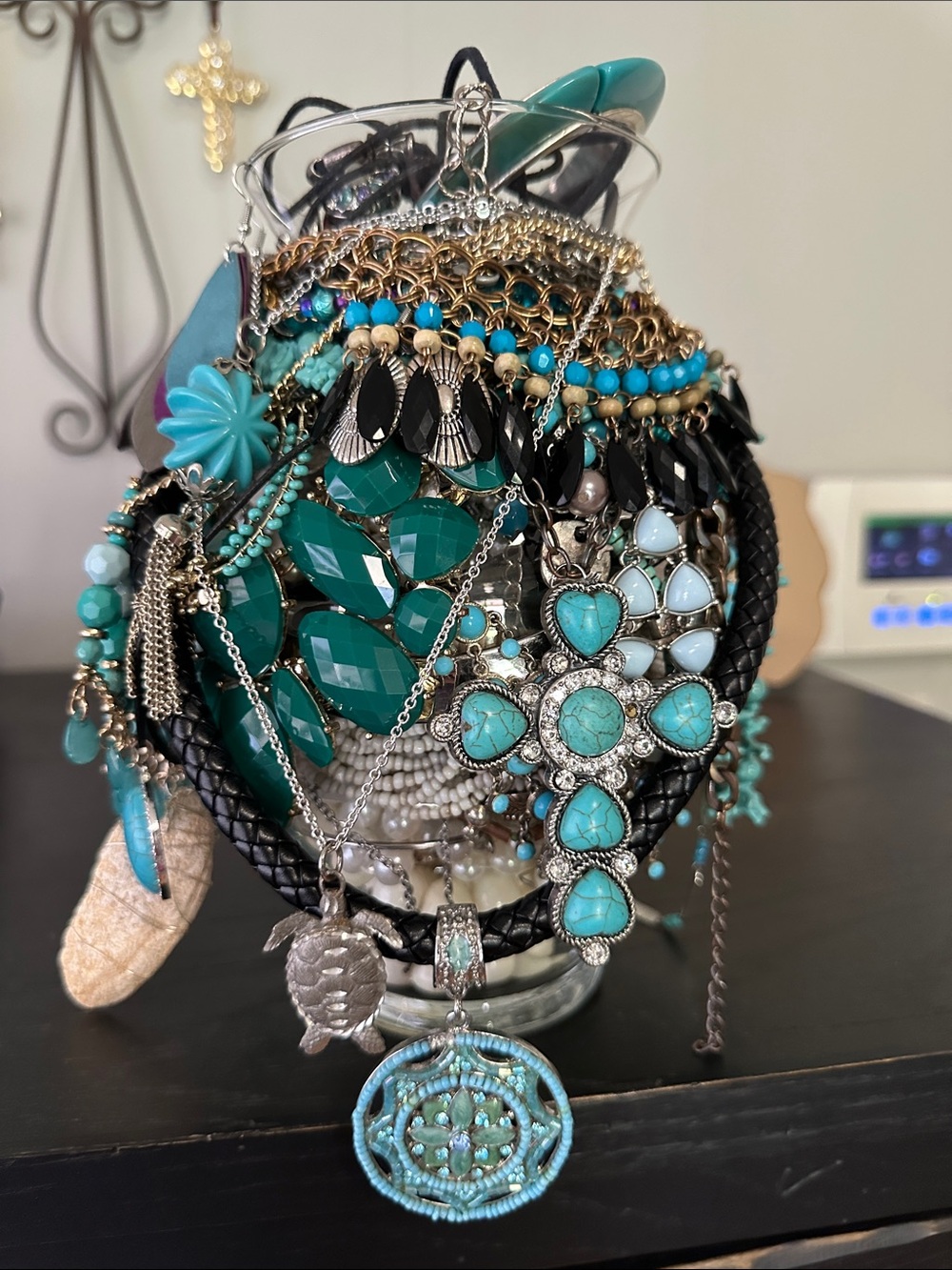 Big And Bold Mystery Jewelry Jar In Shades Of Turquoise And Green Colors.